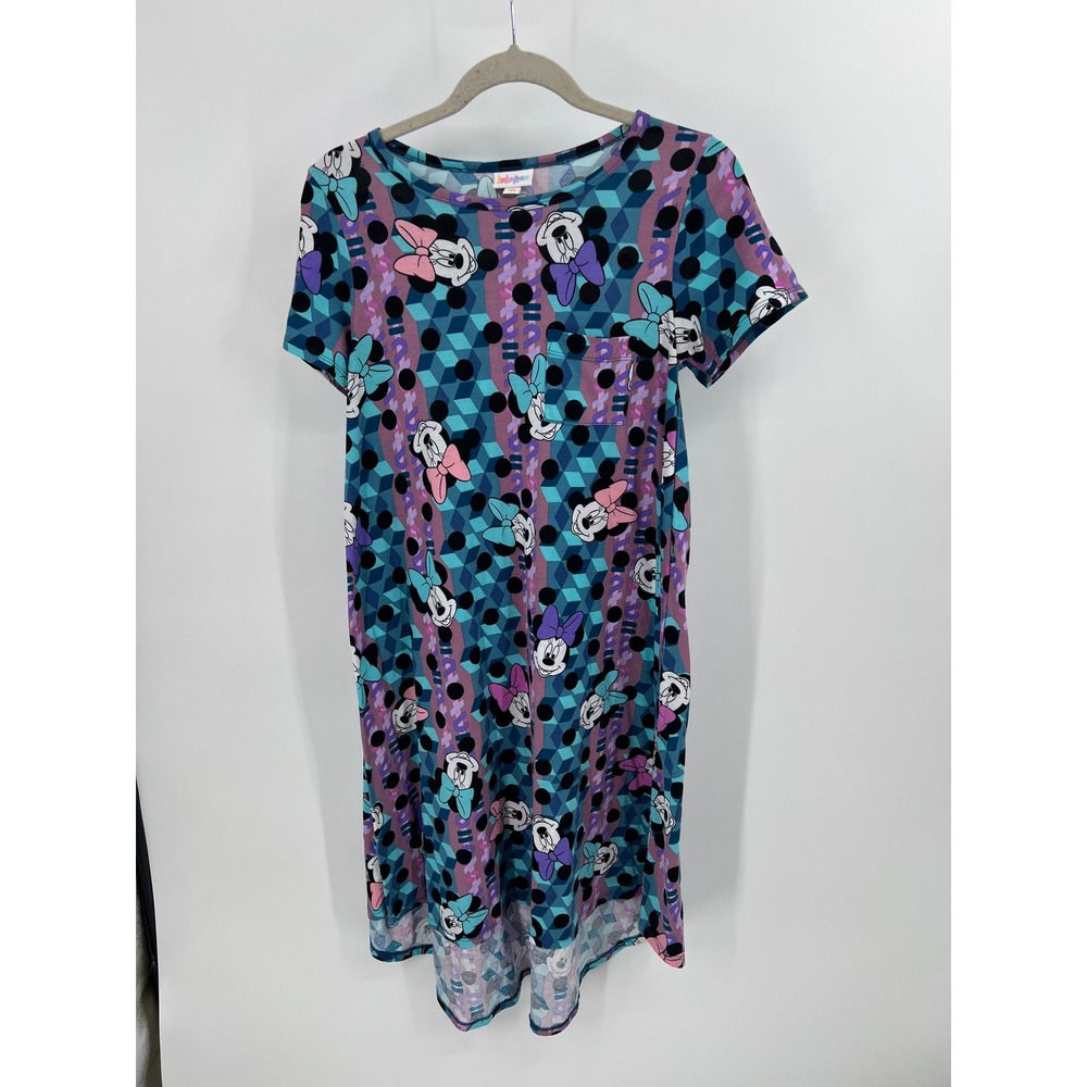 LuLaRoe Disney Minnie Mouse Dress XS Teal Purple Geometric Short Sleeve Pocket